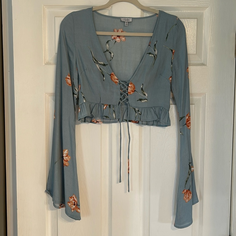 Tobi Blue Floral Corset Tie Front Bell Sleeve Going Out Crop Top, S